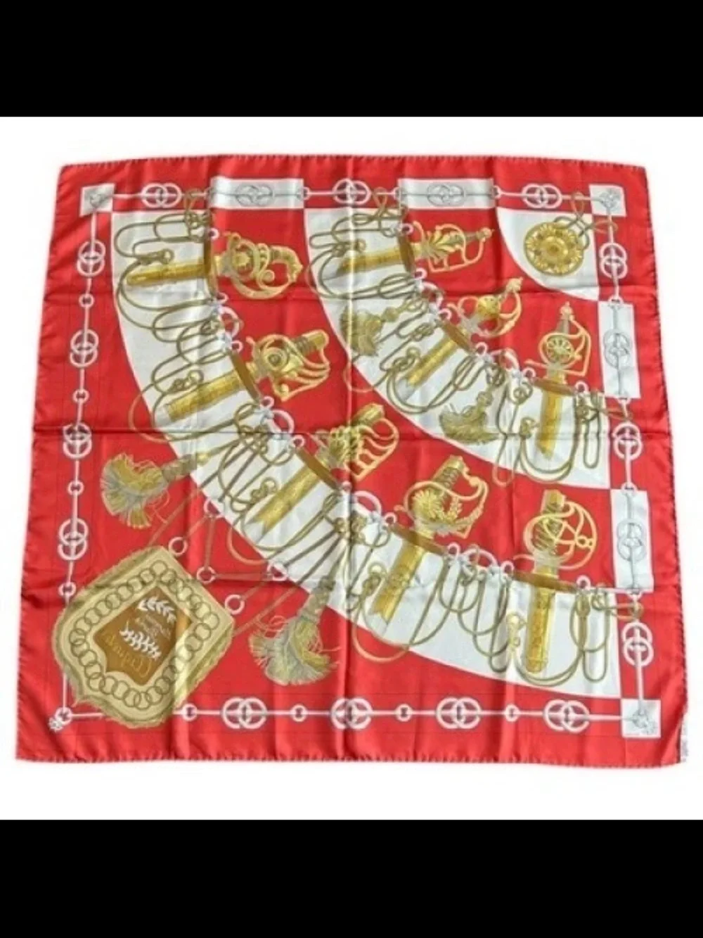 Hermes Red White and Gold Equestrian Print Silk Scarf